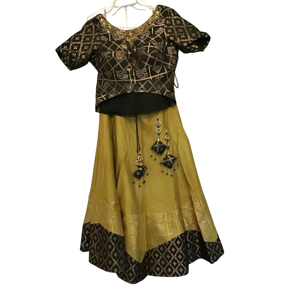Custom Silk Brocade Lehenga Choli Sharara 4pc Set Gold Brown
